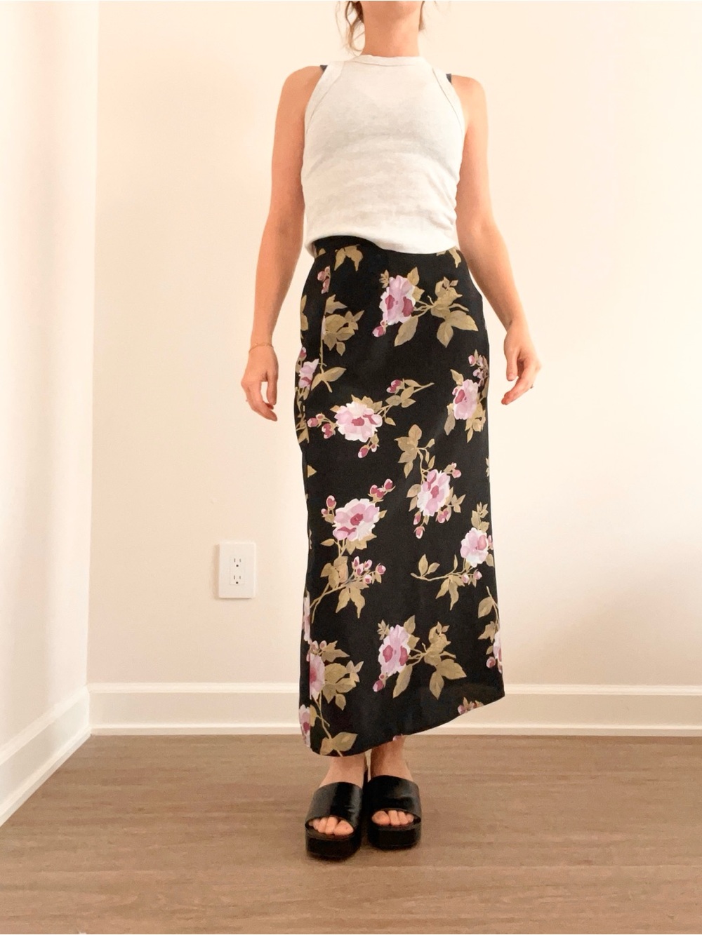 Vintage Black Floral Maxi Skirt with Purple Flowers
